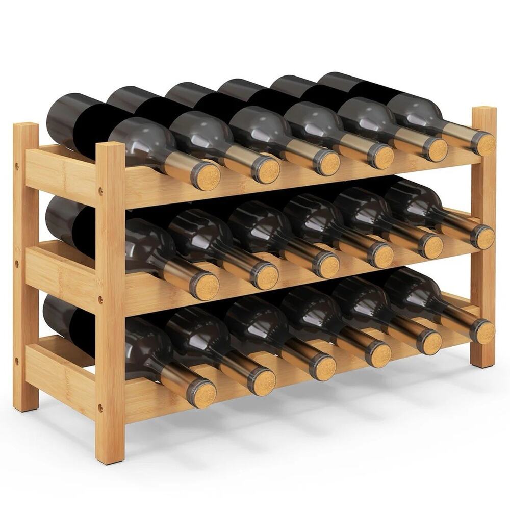 Giantex Bamboo Wine Rack 3 Tier 18 Bottle Freestanding Wine Storage Shelf